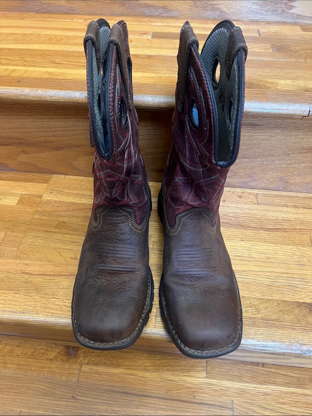 Rocky Brown Waterproof Leather Work Boots with Burgundy Shaft